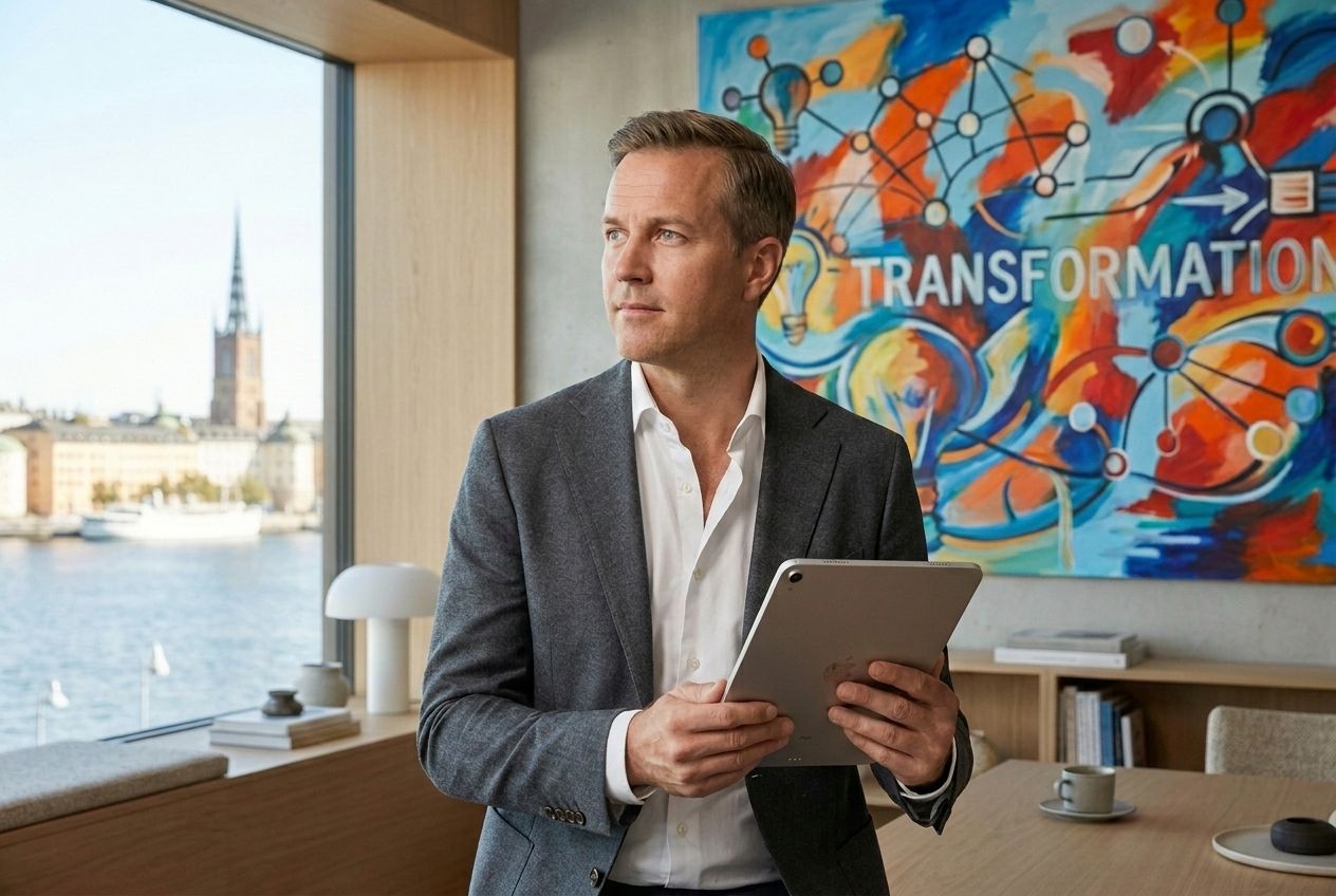 Leader reviewing AI transformation strategy on tablet